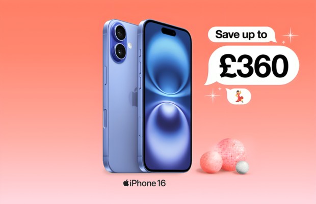 Illustration of iPhone 16 with a deal offering up to £360 savings.