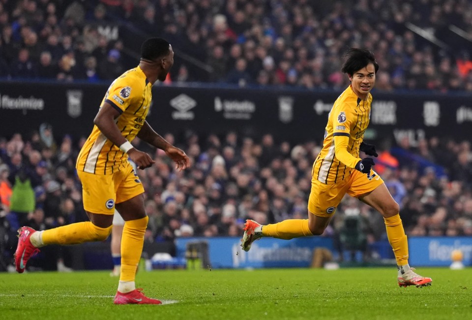 Kaoru Mitoma celebrating a goal during a soccer match.