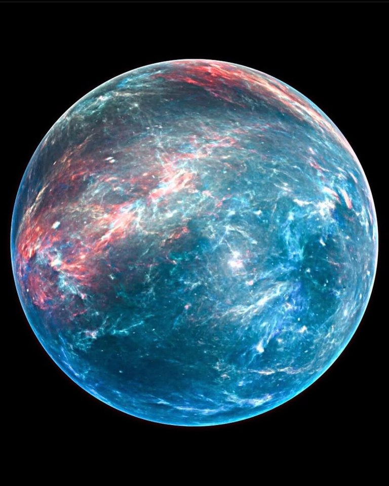 Illustration of a planet with blue and red swirling patterns.