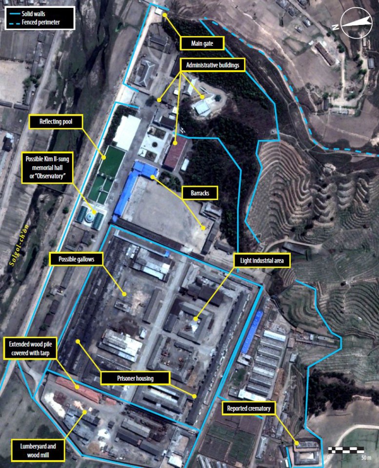 Satellite image of Camp 25 in North Korea, showing buildings, walls, and other features.