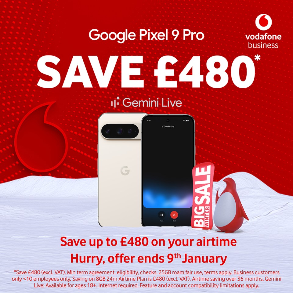 Save up to £480 on a Google Pixel 9 Pro with Vodafone Business Gemini Live. Offer ends 9th January.