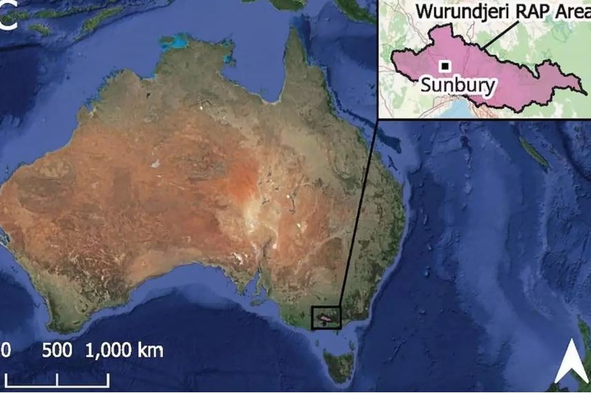 Map showing the location of 1400-year-old earth rings near Sunbury, Australia.