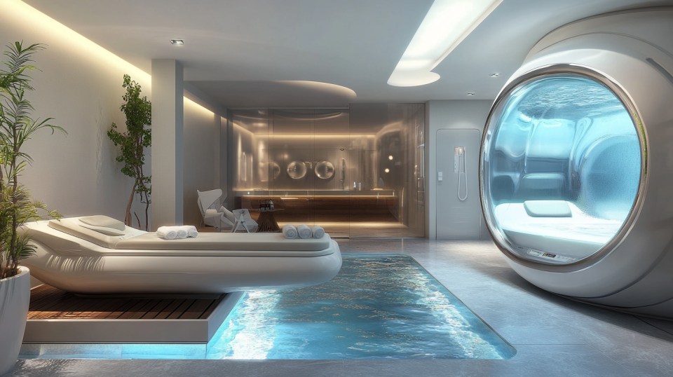 Interior rendering of a luxury doomsday bunker featuring a hyperbaric chamber and a small pool.