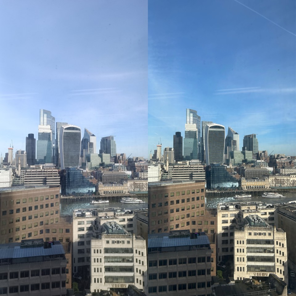 Comparison of London skyline photos under different lighting conditions.