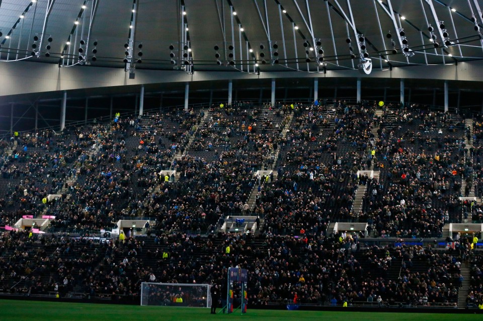 View of a crowded south end stand at a Tottenham Hotspur and Brentford Premier League game.
