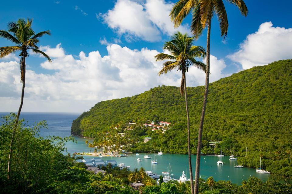Elevated view of Marigot Bay, St. Lucia.