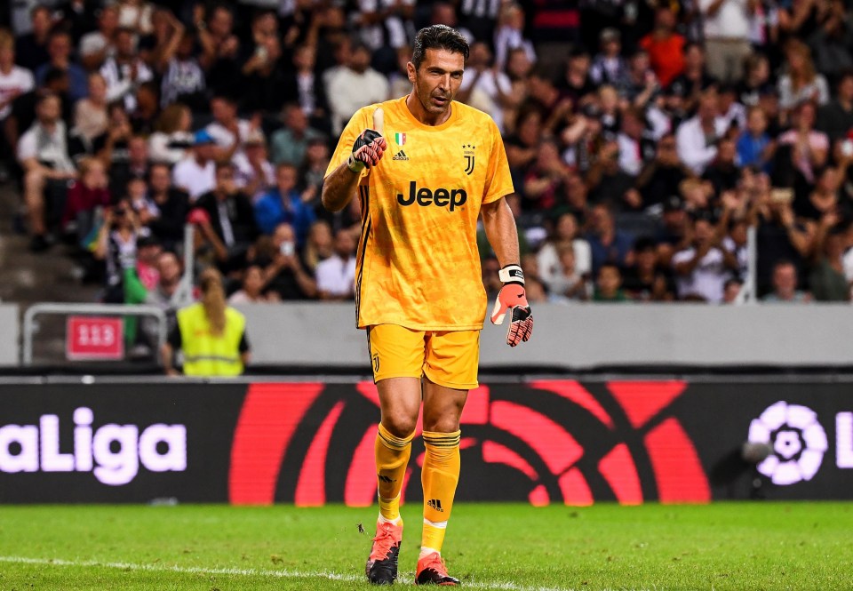 Gianluigi Buffon, Juventus goalkeeper, reacting during a soccer match.