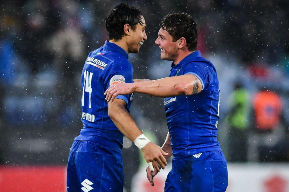 Alamy Live News. 2SEH41P February 8, 2025, Rome, Italy, Italy: Ange CAPUOZZO of Italy celebrate the victory with Alessandro GARBISI of Italy during the Six Nations match between Italy and Wales at Stadio Olimpico on February 08, 2025 in Rome, Italy. (Credit Image: ¿ Matthieu Mirville/ZUMA Press Wire) EDITORIAL USAGE ONLY! Not for Commercial USAGE! This is an Alamy Live News image and may not be part of your current Alamy deal . If you are unsure, please contact our sales team to check.