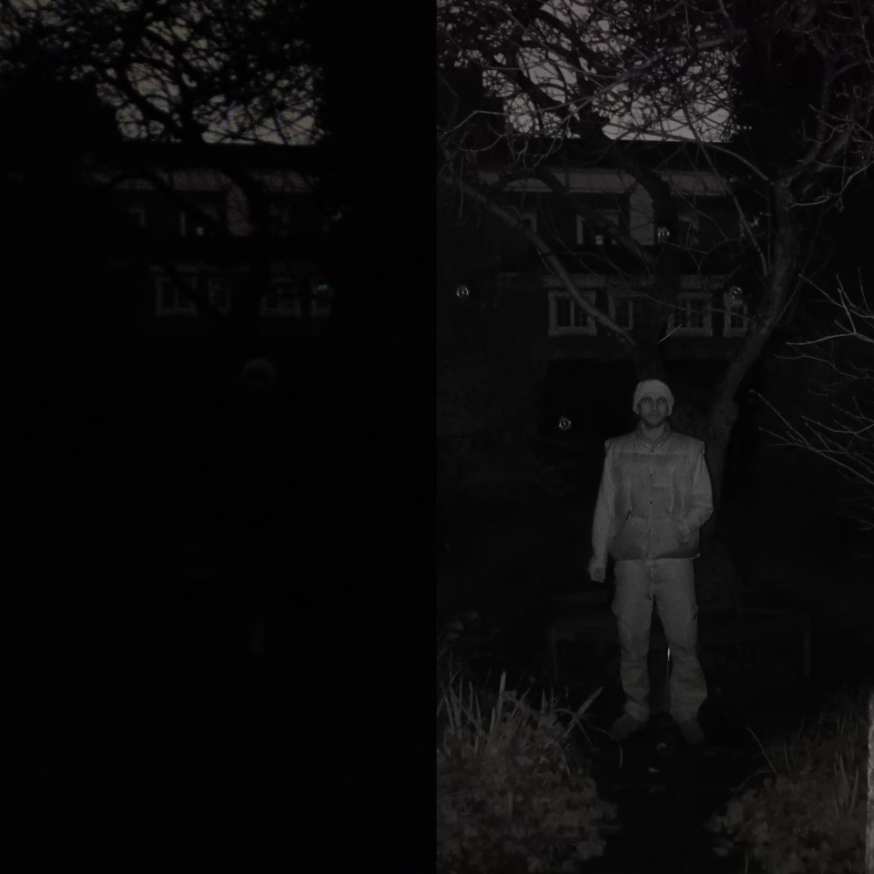 Comparison of a person at night, one image with low light and one with enhanced visibility.