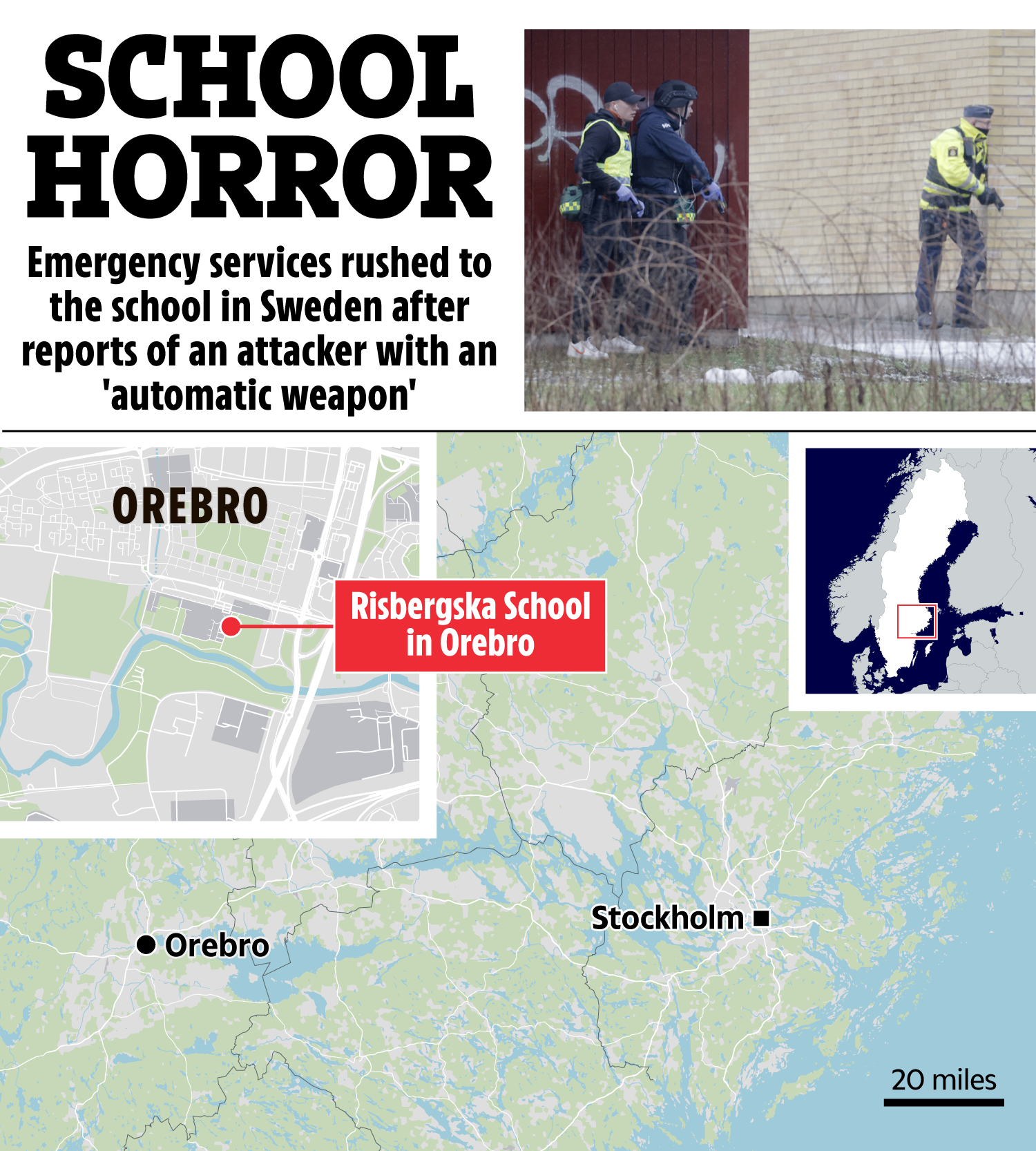 Illustration of map showing location of school shooting in Örebro, Sweden, with photo of police responding.
