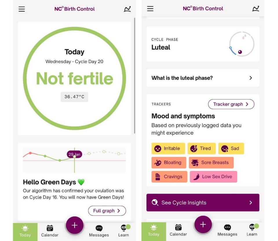 Screenshots of the Natural Cycles app showing fertility tracking and cycle information.