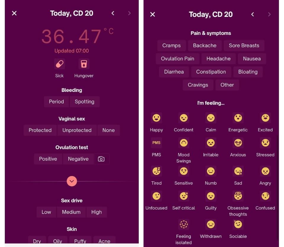 Screenshots of a period tracking app interface showing daily data entry and mood tracking.
