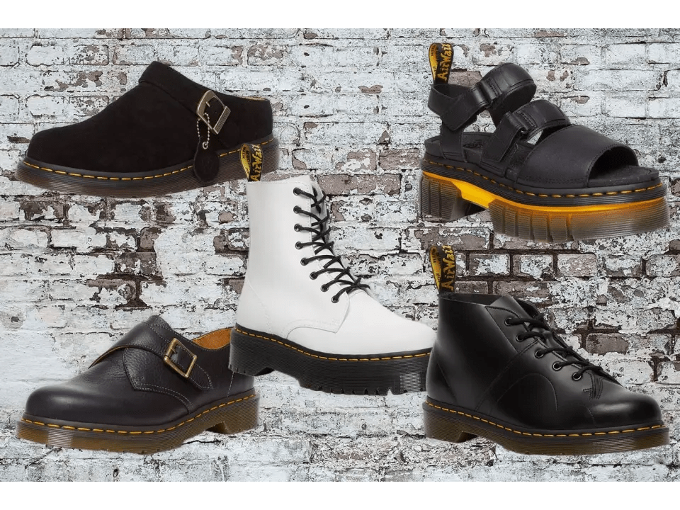 Collage of five Doc Martens shoes.