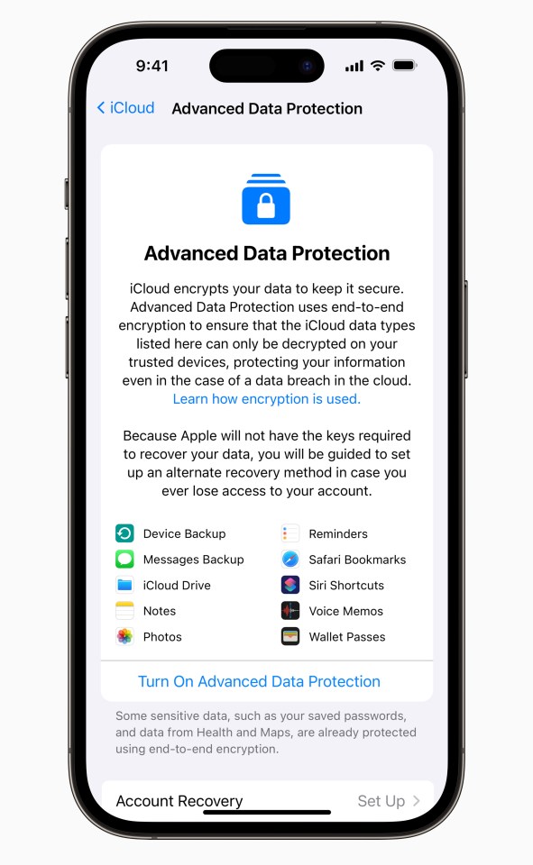 iPhone screen showing iCloud's Advanced Data Protection settings.