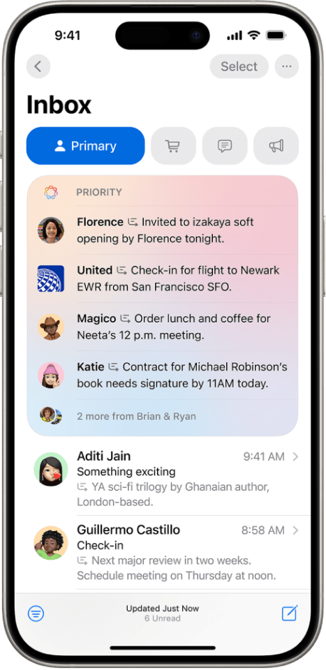 iPhone screen showing prioritized inbox messages.