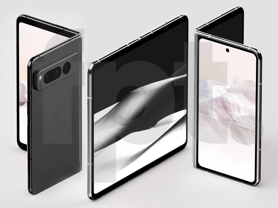 Illustration of a foldable phone in three positions.