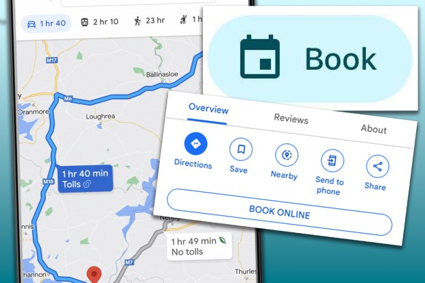 Collage of Google Maps directions, showing routes with and without tolls, and booking options.