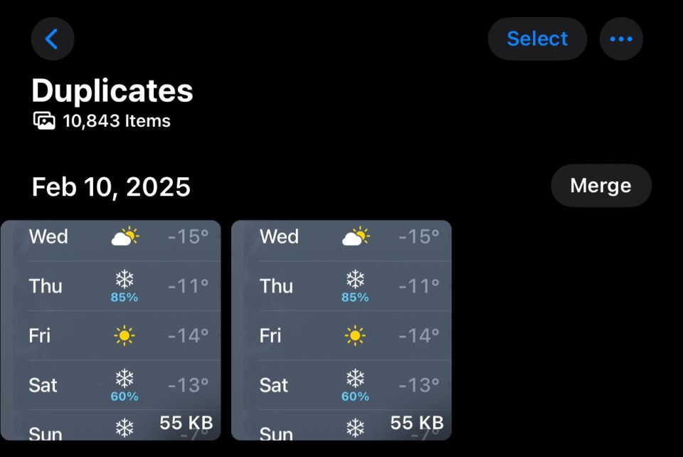 Screenshot of iPhone screen showing duplicate files and a weather forecast.