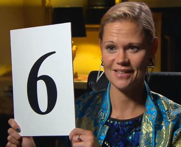 Woman holding a scorecard with the number 6.