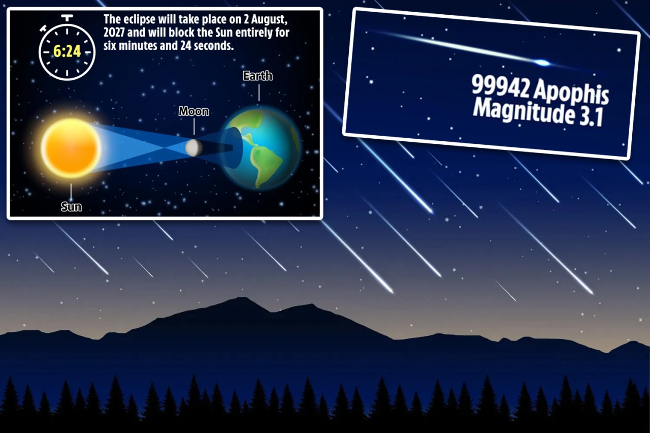 Illustration of a solar eclipse and meteor shower.