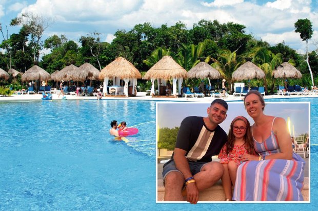 Family photo inset into a photo of a resort pool.