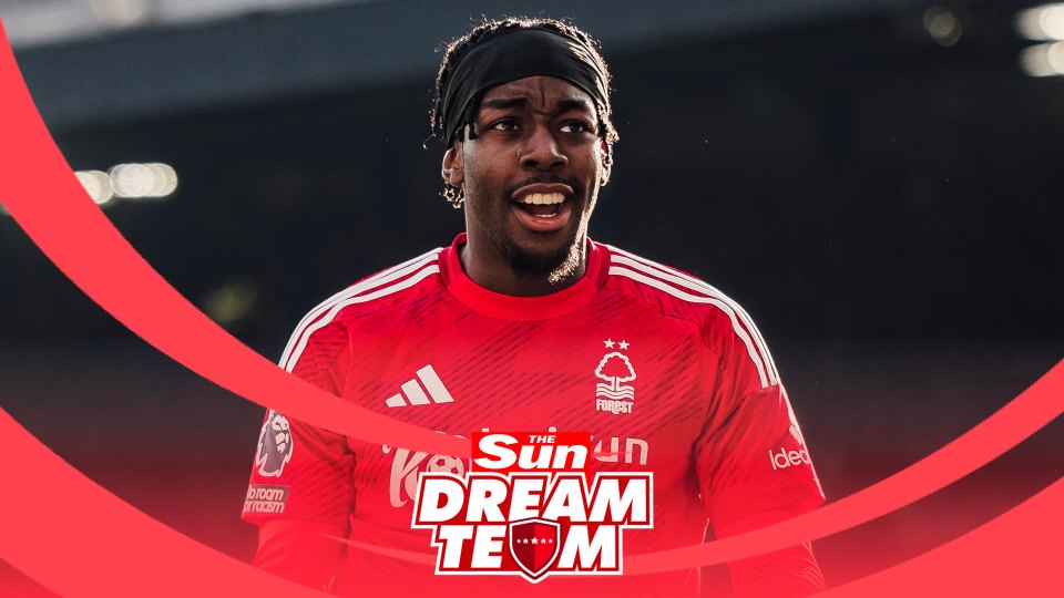 Nottingham Forest player in red jersey, The Sun Dream Team logo.