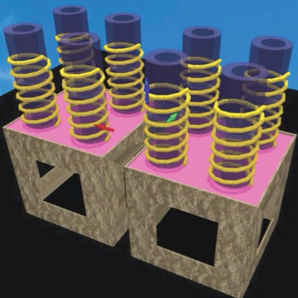Illustration of two structures containing multiple cylinders with springs inside.