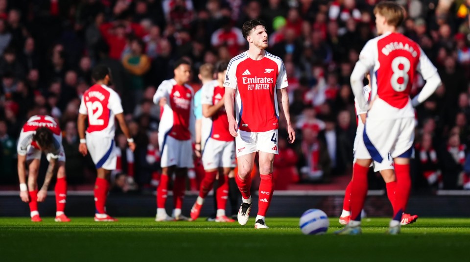 Declan Rice of Arsenal looking dejected on the field.