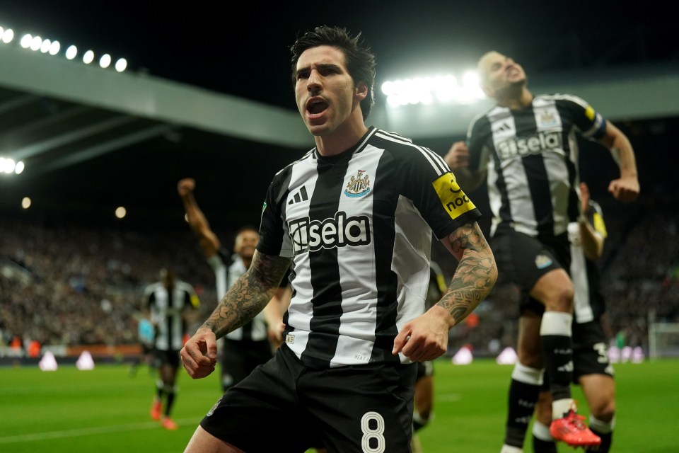 Sandro Tonali of Newcastle United celebrating a goal.