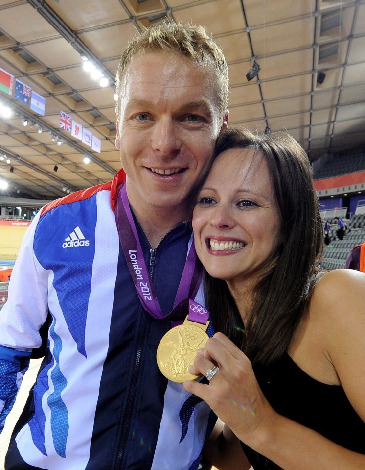 Sir Chris Hoy and his wife with his Olympic gold medal.
