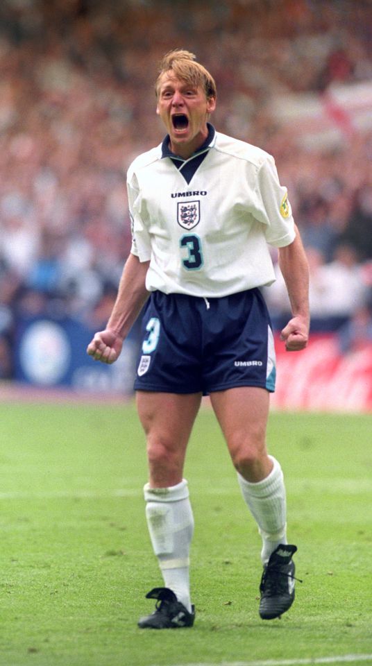 Stuart Pearce celebrating after scoring a penalty in the Euro 96 quarter-final.