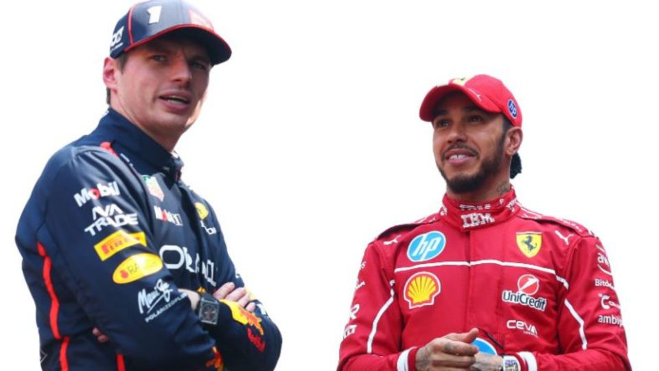 Max Verstappen and Lewis Hamilton in racing attire.