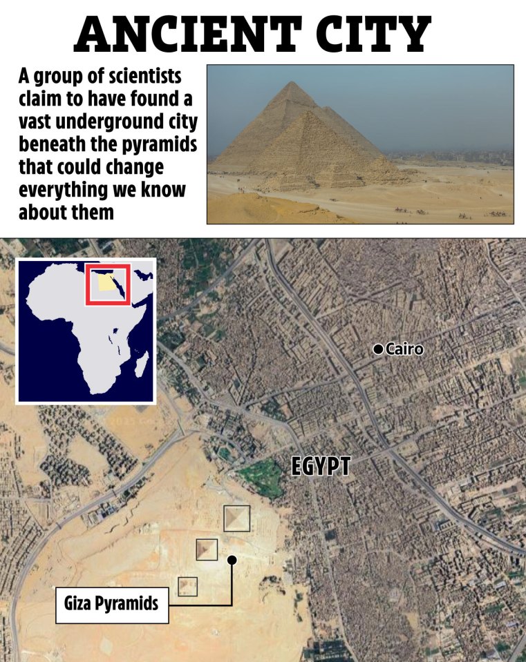 Map showing the location of the Giza pyramids in Egypt and an illustration of an underground city beneath them.