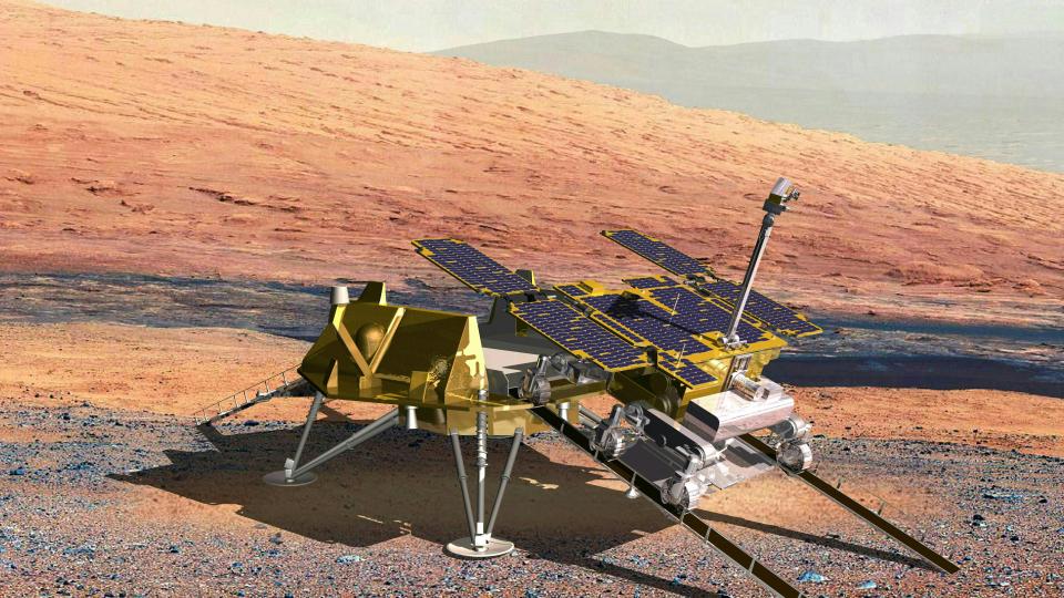 Illustration of the ExoMars lander on the Martian surface.
