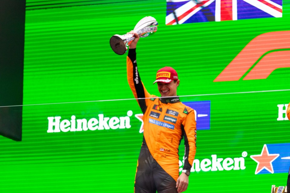 SHANGHAI, CHINA - MARCH 23: Lando Norris of Great Britain and McLaren celebrates on the podium during the F1 Grand Prix of China at Shanghai International Circuit on March 23, 2025 in Shanghai, China. (Photo by Kym Illman/Getty Images)
