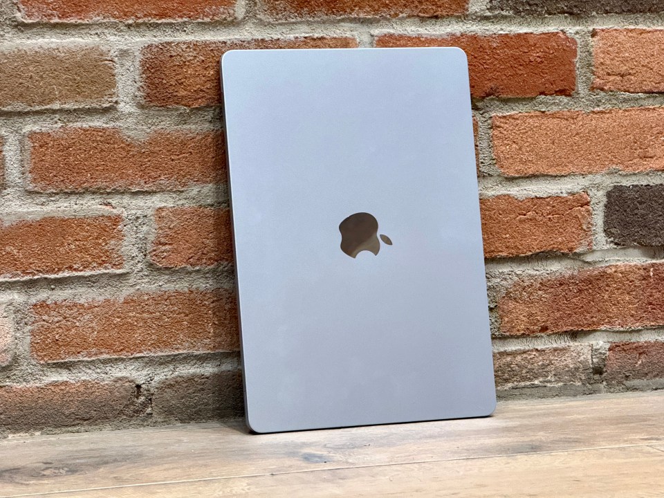 Silver Apple laptop leaning against a brick wall.