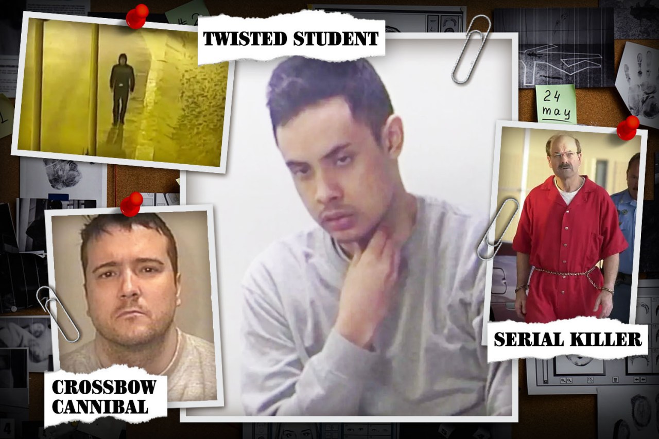 Collage of photos of a twisted student, a crossbow cannibal, and a serial killer.