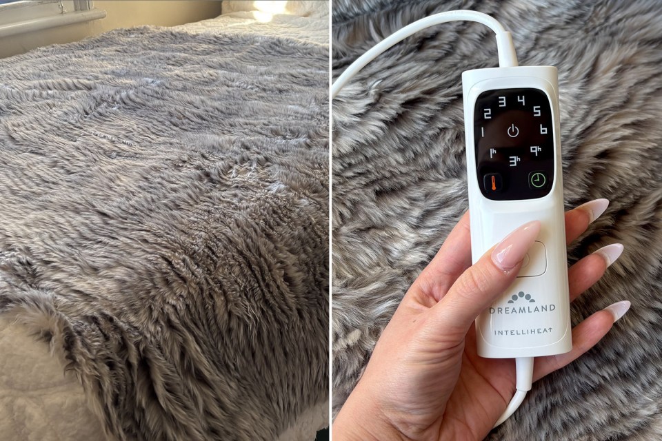 Grey faux fur electric blanket with remote control.