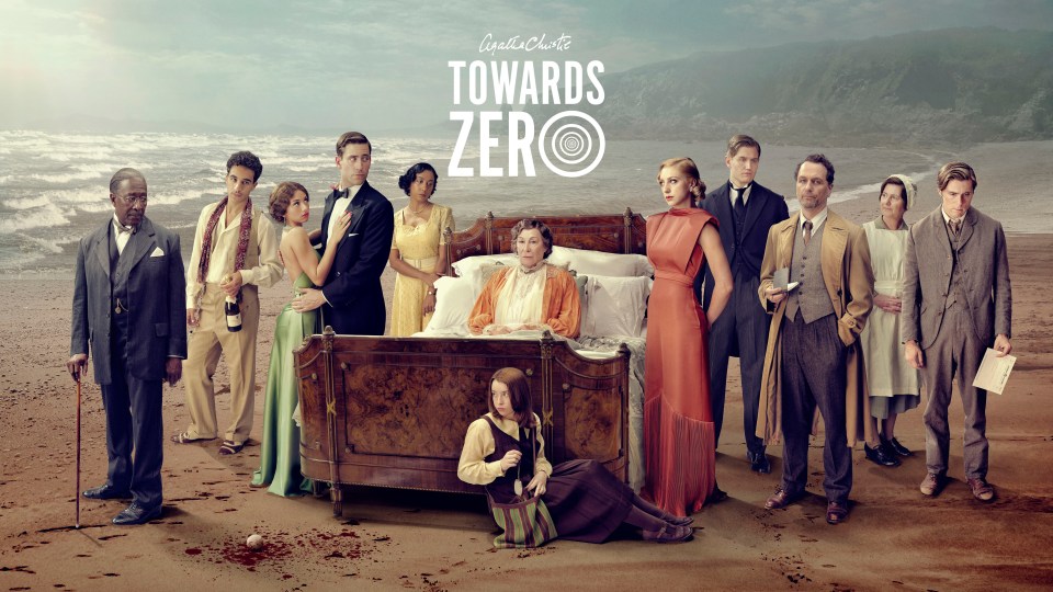 Promotional image for the Agatha Christie's Towards Zero television series, featuring the cast on a beach.