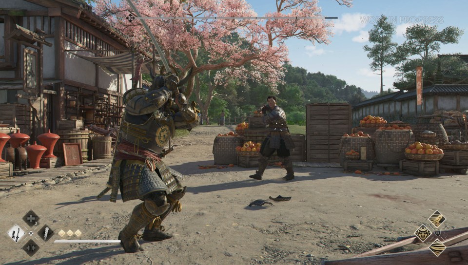Screenshot of Assassin's Creed Shadows gameplay showing two samurai characters fighting in a village setting.