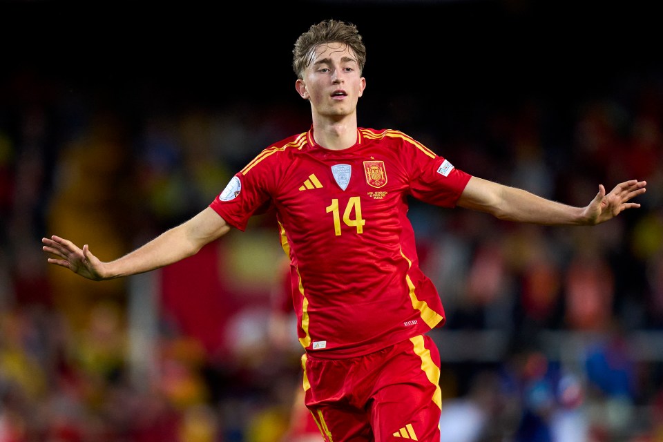 Dean Huijsen of Spain reacting during a soccer match.