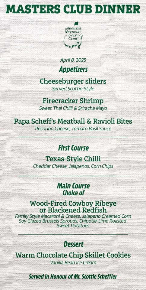Masters Club Dinner menu: appetizers, first course, main course (choice of ribeye or redfish), and dessert.