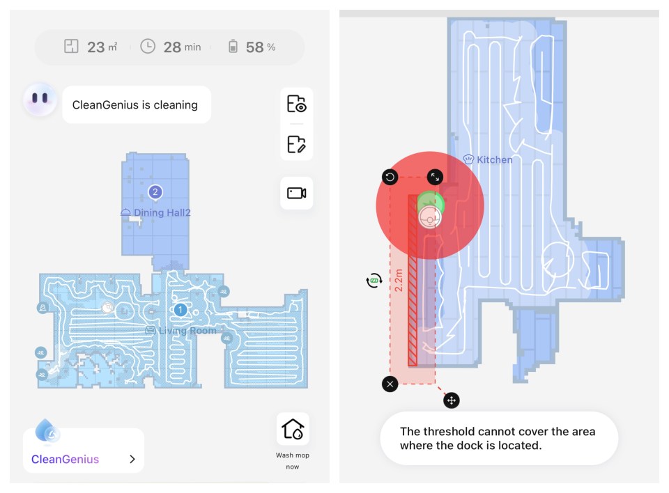 Illustration of a robot vacuum cleaning map showing an area it cannot reach due to the charging dock location.
