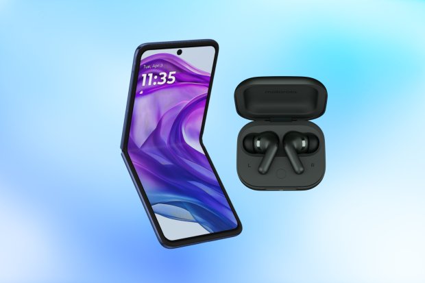 Motorola foldable phone and earbuds.