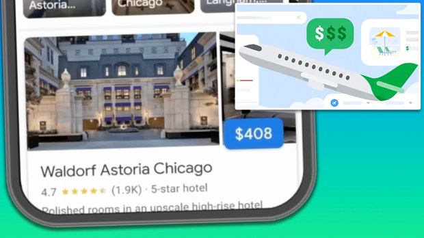 Illustration of a phone screen showing a hotel booking with a flight and price.