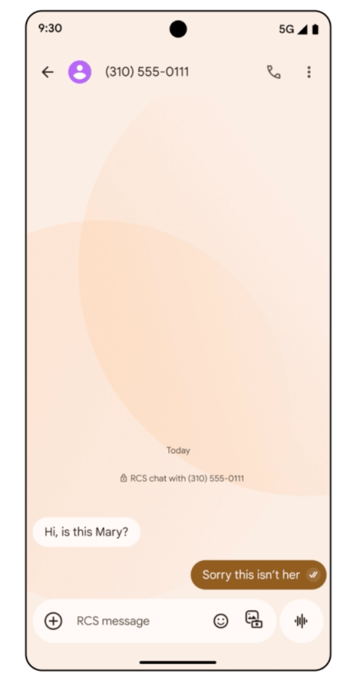 Smartphone screen showing an RCS chat with the number (310) 555-0111; the user is verifying if they've reached Mary.