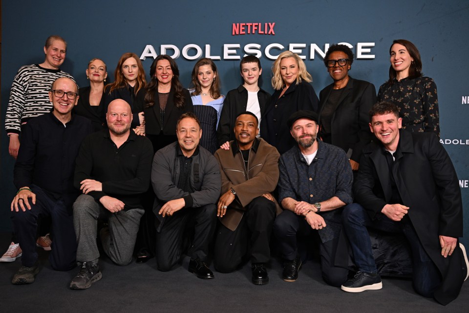 Group photo of the cast and crew of Adolescence at a screening.
