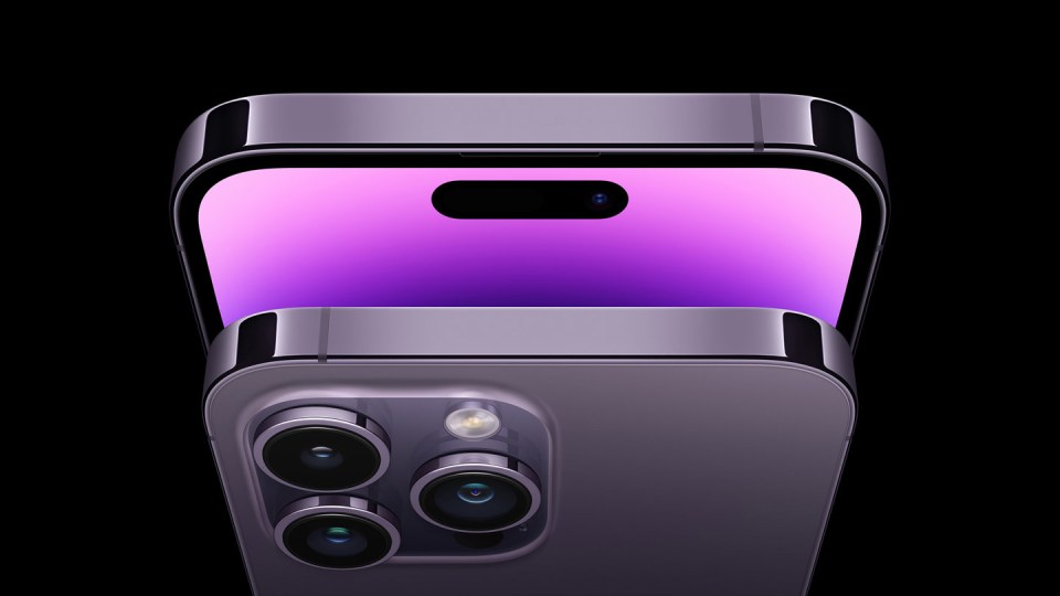 Illustration of an iPhone with a purple screen and triple-lens camera.