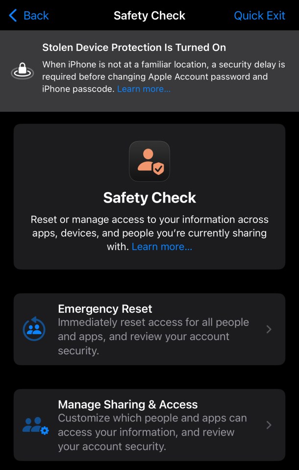 iPhone Safety Check screen showing options for stolen device protection, managing access, emergency reset, and managing sharing and access.