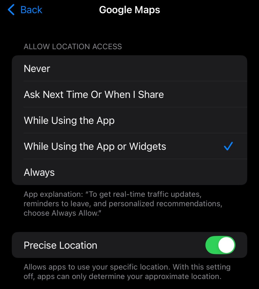 Google Maps location access settings on iPhone.